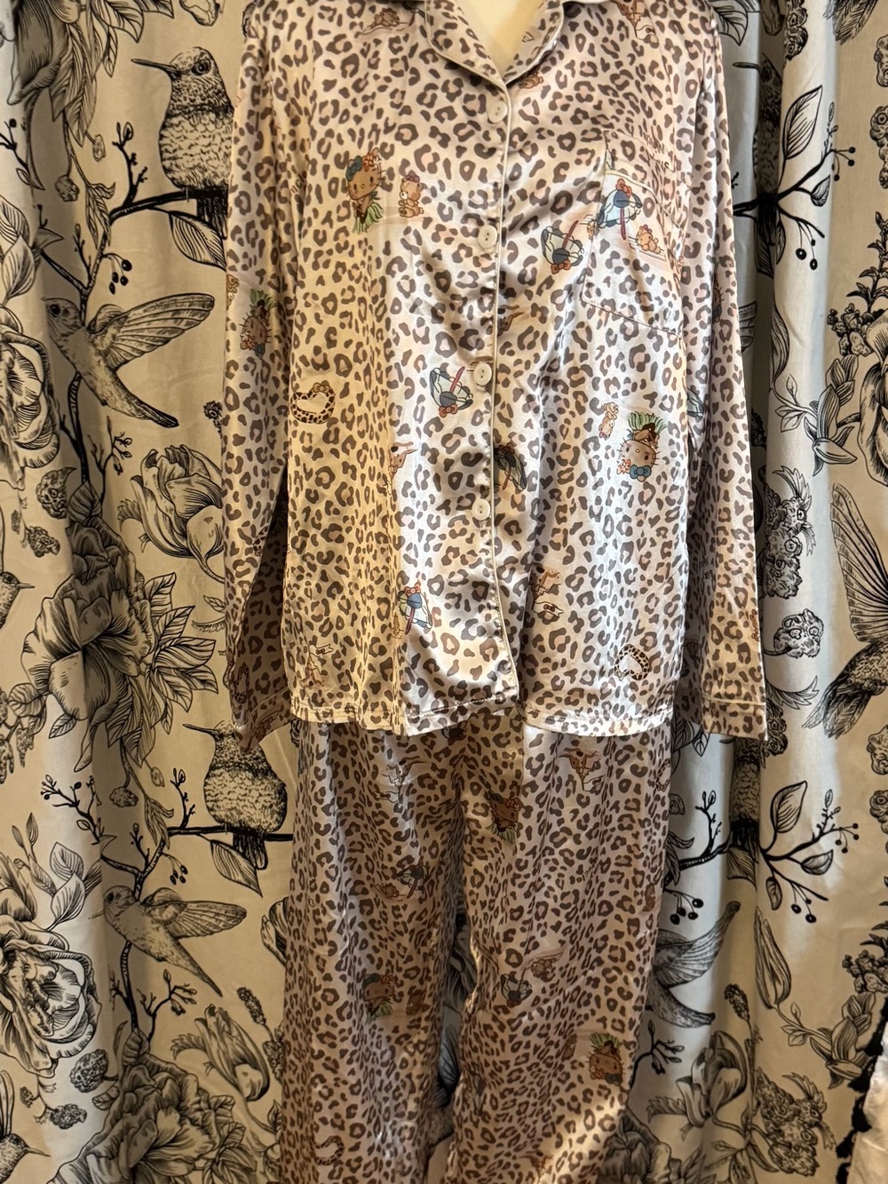 Hello Kitty Beige Leopard Print Satin Pajama Set